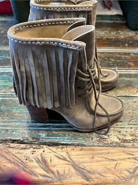 Frye Taupe Suede Fringe Lace-Up Ankle Boots